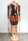 Red Fashion Sexy Print Draw String Strap Design O Neck Printed Dress