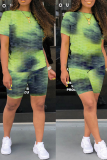 Pink Casual Patchwork Tie-dye O Neck Short Sleeve Two Pieces