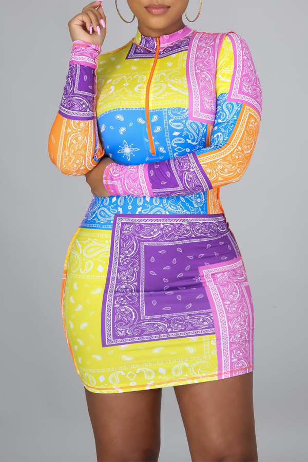 Multi-color Casual Print Patchwork Zipper Collar Pencil Skirt Dresses