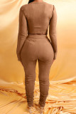 Brown Casual Solid Hollowed Out Split Joint O Neck Long Sleeve Two Pieces