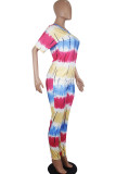 blue and yellow Polyester Fashion Casual adult Ma'am Print Tie Dye Two Piece Suits pencil Short Sleeve Two Pieces