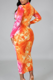 Colour Print Patchwork O Neck Pencil Skirt Dresses