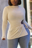 Cream White Sexy Casual Solid Hollowed Out Half A Turtleneck Tops
