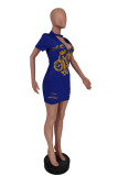 Blue Fashion Sexy Print Ripped Hollowed Out O Neck Short Sleeve Dress
