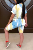 Orange Polyester Fashion Casual adult Patchwork Print Tie Dye Two Piece Suits Straight Short Sleeve Two Pieces