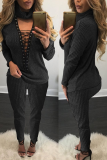 Wine Red Sexy Casual Patchwork Hollowed Out V Neck Long Sleeve Two Pieces