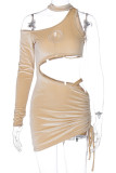 Coffee Sexy Solid Hollowed Out Frenulum Dresses