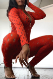 Red Sexy Solid Ripped Zipper Collar Skinny Jumpsuits