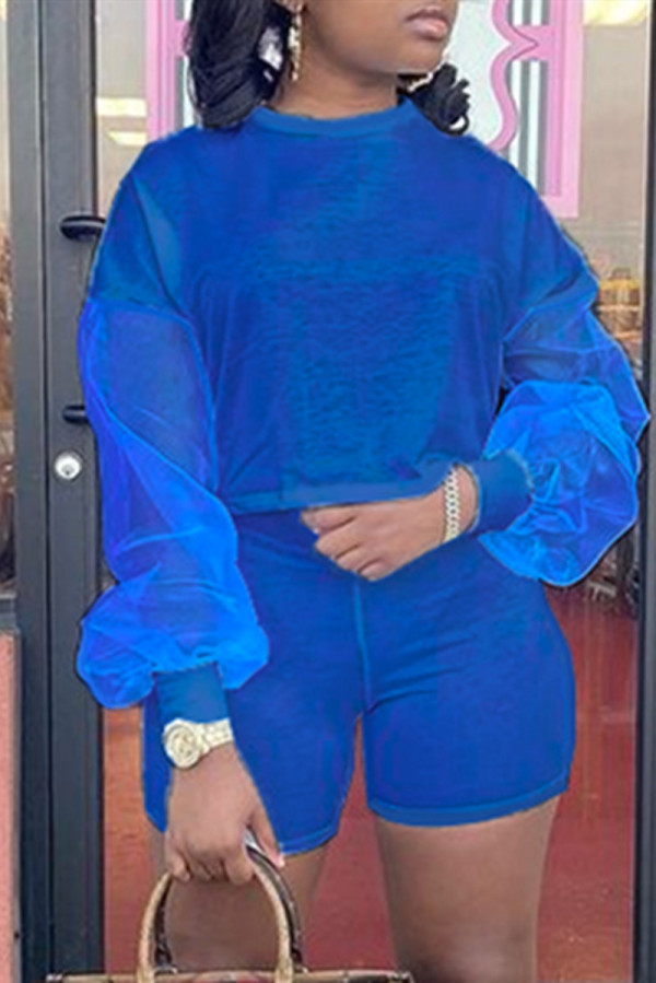 Deep Blue Fashion Casual Solid Patchwork O Neck Long Sleeve Two Pieces