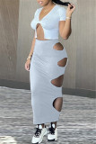 Yellow Fashion Sexy Solid Hollowed Out Asymmetrical V Neck Short Sleeve Two Pieces