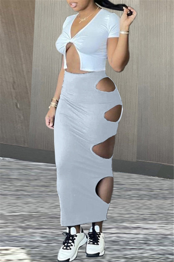 Grey Fashion Sexy Solid Hollowed Out Asymmetrical V Neck Short Sleeve Two Pieces