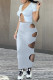 Grey Fashion Sexy Solid Hollowed Out Asymmetrical V Neck Short Sleeve Two Pieces