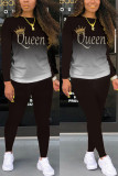 Blue Fashion Casual Gradual Change Letter Print Basic O Neck Long Sleeve Two Pieces