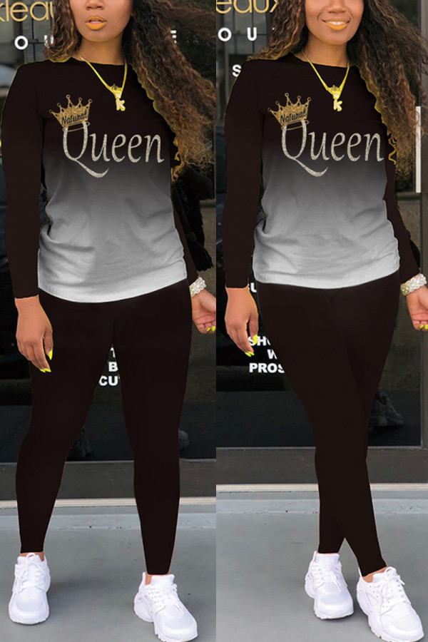 Black Fashion Casual Gradual Change Letter Print Basic O Neck Long Sleeve Two Pieces