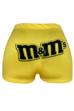 Yellow Polyester Elastic Fly Mid Print Skinny shorts Bottoms