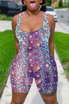 Purple Fashion Casual Print Basic U Neck Skinny Romper