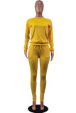 Yellow Casual Solid Split Joint O Neck Long Sleeve Two Pieces