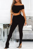 Black Fashion Solid Hollowed Out Slit Strap Design Off the Shoulder Short Sleeve Two Pieces