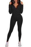 Black Fashion Sexy Adult Solid Pocket Hooded Collar Skinny Jumpsuits