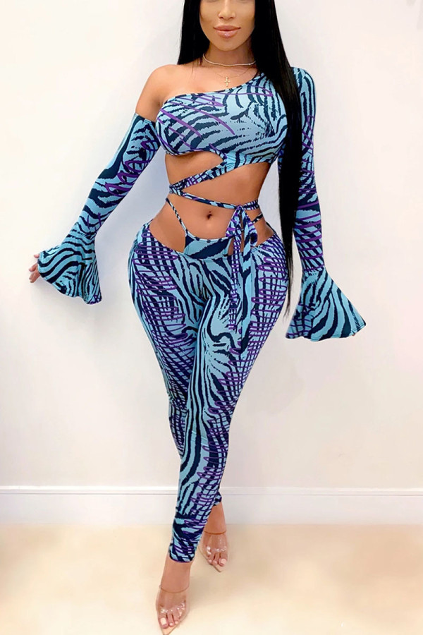 Light Blue Sexy Print Patchwork Flounce Oblique Collar Long Sleeve Two Pieces
