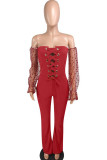 Wine Red Light bandage Hollow Solid Patchwork Long Sleeve Wrapped Jumpsuits
