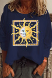 Navy Blue Sweet Print Pullovers O Neck Tops
