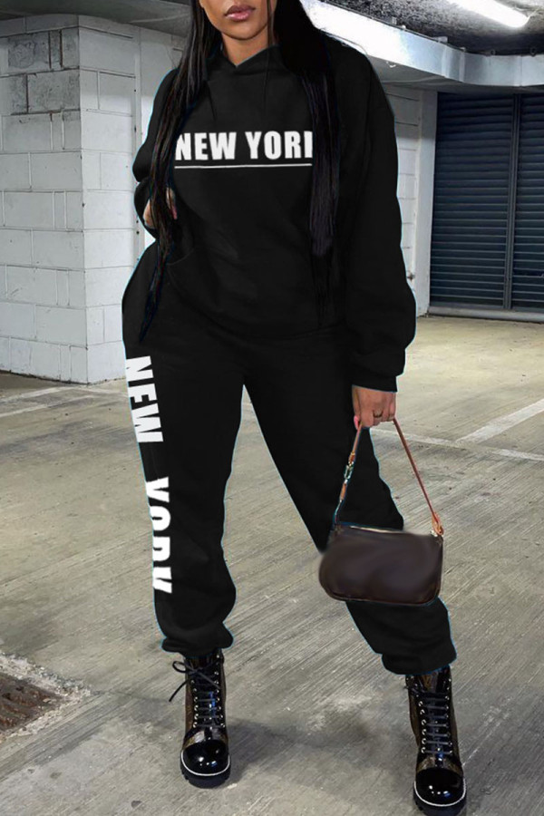 Black Sportswear Letter Print O Neck Long Sleeve Two Pieces