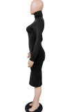 Black Fashion Sexy Adult Milk Fiber Solid Split Joint Turtleneck Long Sleeve Knee Length One-piece Suits Dresses