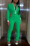 Green Fashion Casual Adult Polyester Solid Split Joint Turndown Collar Long Sleeve Regular Sleeve Regular Two Pieces