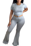 Grey Polyester Fashion Casual adult Ma'am Solid Two Piece Suits Loose Short Sleeve Two Pieces