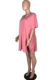 Pink Polyester Fashion Casual Patchwork Solid pencil Half Sleeve Two Pieces