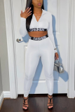 White Casual Print Letter Zipper Collar Long Sleeve Two Pieces