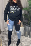 Black Fashion Casual Letter Print Basic O Neck Tops