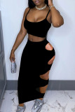 Black Sexy Solid Ripped Backless Burn-out Spaghetti Strap Sleeveless Two Pieces