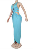 Rose Red Fashion Sexy Solid Hollowed Out Backless Slit Halter Sleeveless Dress
