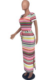 Rainbow Color Fashion Striped Print Patchwork Slit With Belt O Neck Dresses