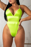 Fluorescent green Polyester Fashion adult Europe and America Ma'am V Neck Solid Mesh perspective Two Piece Suits Fluorescent Plus Size