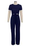 Dark Blue Polyester Fashion Sexy Bandage Patchwork Solid Loose Short Sleeve Two-piece Pants Set