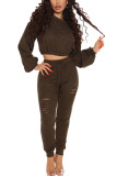 Coffee Fashion Casual Adult Nylon Solid Ripped O Neck Long Sleeve Regular Sleeve Short Two Pieces