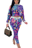 rose red venetian Fashion Casual adult Ma'am Patchwork Print Two Piece Suits pencil Long Sleeve Two Pieces