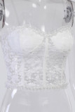 White Sexy Solid Hollowed Out Mesh Contrast Off the Shoulder Tops