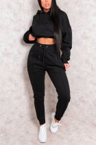 Black Sweet Solid Split Joint Hooded Collar Long Sleeve Two Pieces