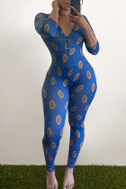 Color blue Polyester Fashion Sexy adult Ma'am O Neck Print Character Pattern Plus Size