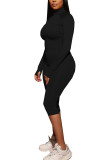 Black Polyester Fashion Active adult Ma'am Solid Two Piece Suits pencil Long Sleeve Two Pieces