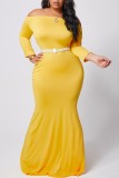 Yellow Polyester Fashion Sexy adult Ma'am One word collar Solid asymmetrical Plus Size
