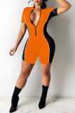 Red Fashion Casual Patchwork See-through Zipper Collar Skinny Romper