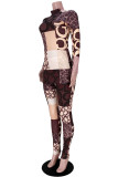 Coffee Casual Print Patchwork O Neck Long Sleeve Two Pieces