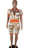 Orange Casual Fashion Bandage Geometric Two Piece Suits Zippered Regular Two-Piece Short Set