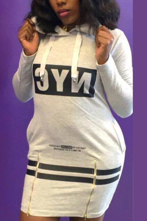 Grey Sexy Print Letter Hooded Collar Pencil Skirt Dresses