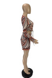 Red Fashion Sexy Print Strap Design V Neck Long Sleeve Two Pieces